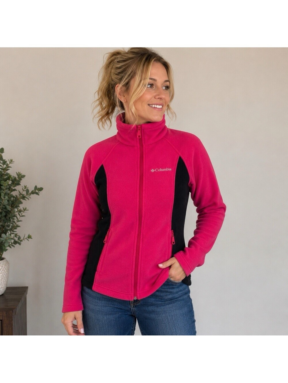 Columbia Women's Full Zip Fleece Jacket Size XS Pink & Black Gorpcore Skiing